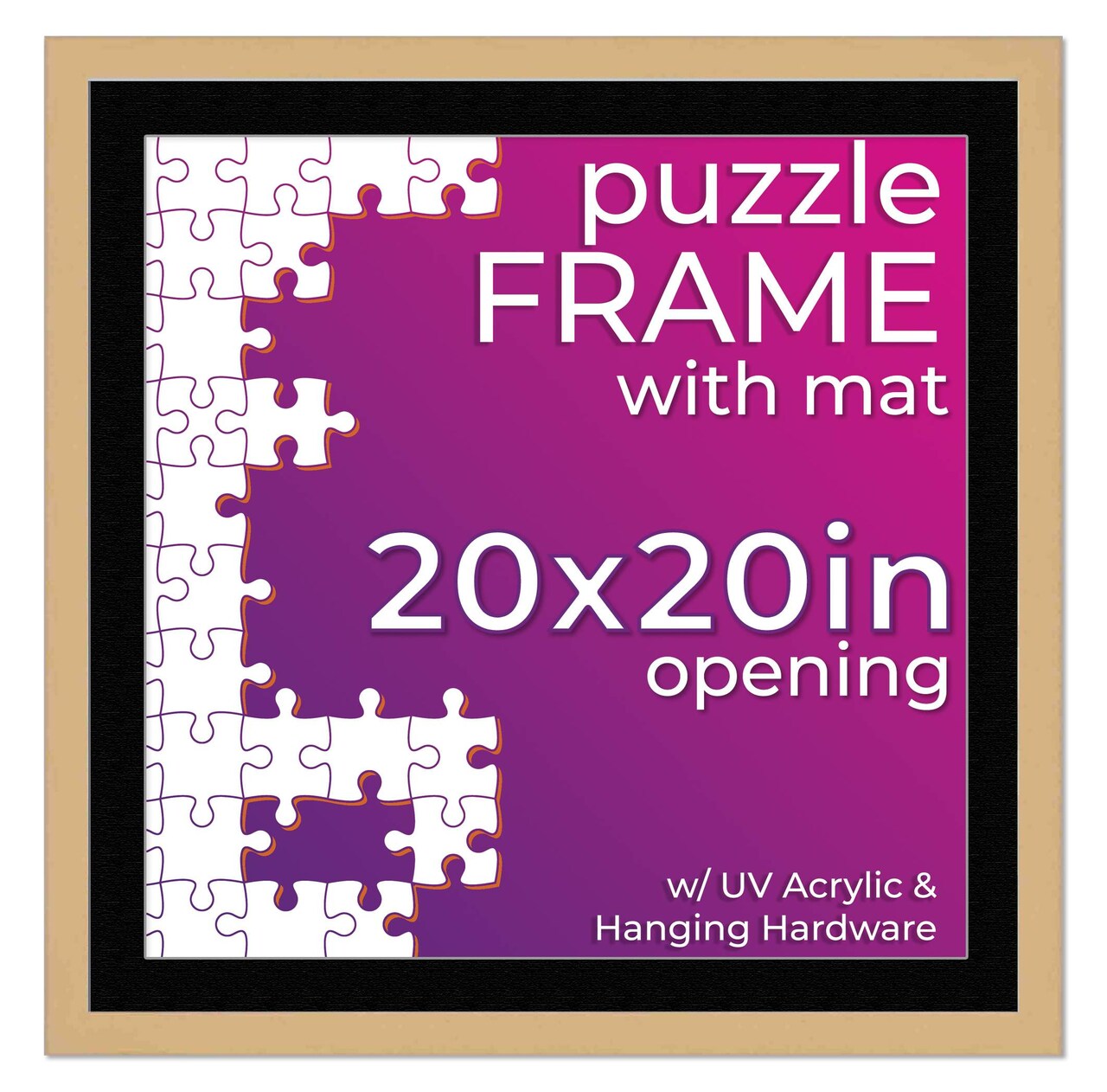 Natural Wood Puzzle Frame Kit with Glue Sheets, Black Mat, Backing, UV Acrylic - Available in 20 Popular Sizes